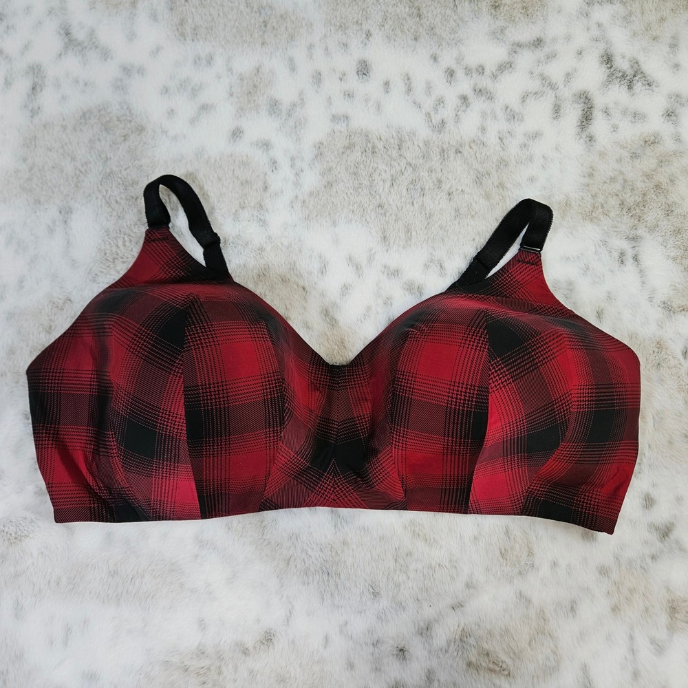 Torrid Red Black Plaid Wireless Lightly Lined Bra 44DDD Buffalo Check Comfort